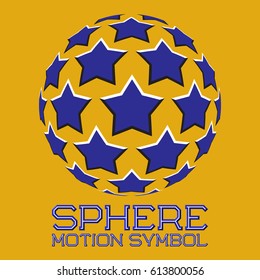 Abstract logo symbol in motion sphere shape on yellow background. Blue emblem with moving stars.