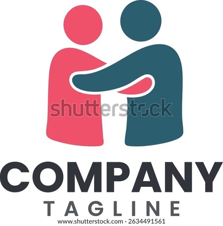 Título Abstract logo symbolizing two people embracing. Concept of integration, friendship, and trust. Designed in blue and pink colors.