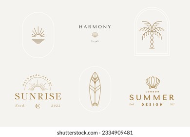 Abstract logo template with images of female, sunset, palm, moon, flower. Modern minimal set of linear icons and emblems for social media, accommodation rental and travel services.