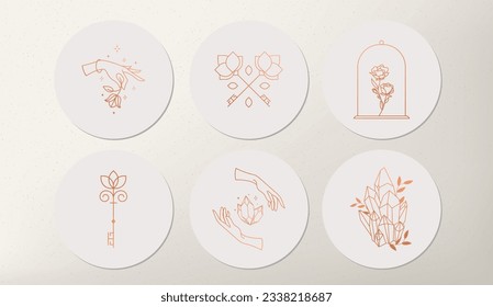 Abstract logo template with images of female, sunset, ocean, moon, flower. Modern minimal set of linear icons and emblems for social media, accommodation rental and travel services.