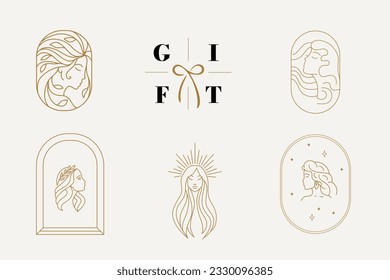 Abstract logo template with images of girls, flowers and arches. Modern minimal set of linear icons and emblems for social media, accommodation rental and travel services.