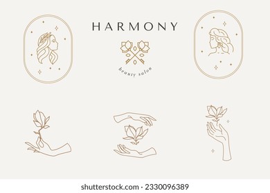 Abstract logo template with images of girls, flowers and arches. Modern minimal set of linear icons and emblems for social media, accommodation rental and travel services.