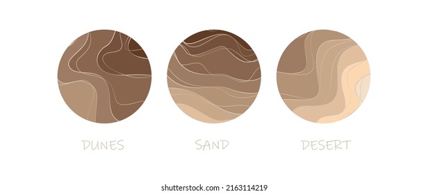 Abstract logo template sand, dunes, beach, desert. Pattern of wavy lines in beige color. Vector collection.