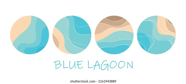 Abstrakte Logo-Vorlage. Sand, Meer, Strand, Lagune. Muster von gewellten Linien in Blau und Beige. Vektorgrafik-Kollektion.