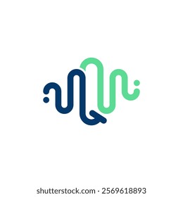 abstract logo with two intertwined, wavy lines in blue and green