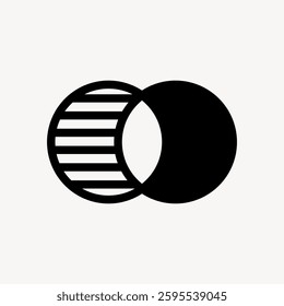 Abstract logo with two overlapping circles. One circle is solid black, the other has stripes. Overlapping circles create a unique design element. User interface icon vector.