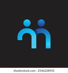 Um logotipo abstrato duas pessoas abstratas formando uma letra m em minúsculas na cor azul-água sobre um fundo preto