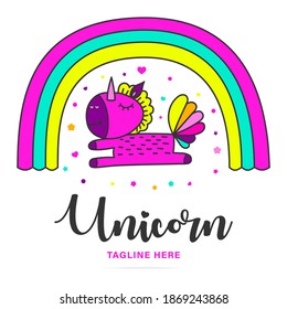 Abstract logo unicorn with rainbow background.Design template icon unicorn vector illustration isolated on white.Patch, element invitation.Magic cartoon fantasy cute animal.Dream children symbol.