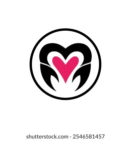 Abstract logo vector design forming the letter M with a combination of two crab claws and a heart symbol in a circle.