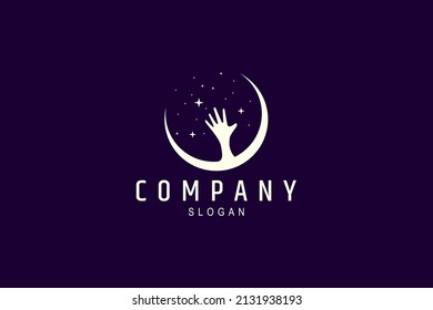 Abstract logo vector an image of a crescent moon with a hand reaching for the stars.