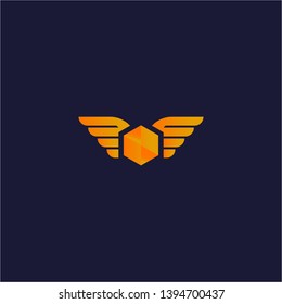 abstract logo wings colored orange on a dark blue background