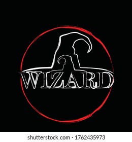Abstract Logo wizard with hat in red silhouette logotype emblem