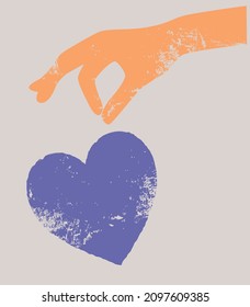 Abstract logo of women's hands with a heart. Boho style hand with boho. Vintage postcard. Day of love.