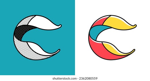 Abstract logo. Yin and yang in circle emblem. Optical illusion sign. Retro 3D icons set with black and white polka dots and colored options. Vector impossible shape for halftone label, vintage posters