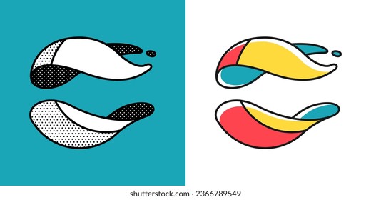 Abstract logo. Yin and yang in circle emblem. Optical illusion sign. Retro 3D icons set with black and white polka dots and colored options. Vector impossible shape for halftone label, vintage posters