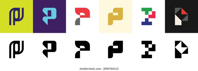 Abstract logos collection with letter P. Geometric abstract logos. Icon design 