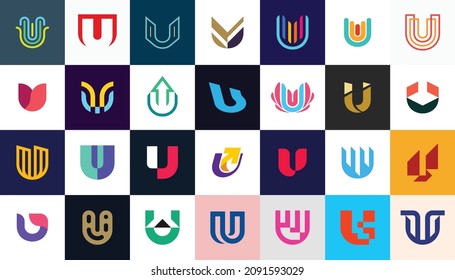 Abstract logos collection with letter U. Geometric abstract logos. Icon design 