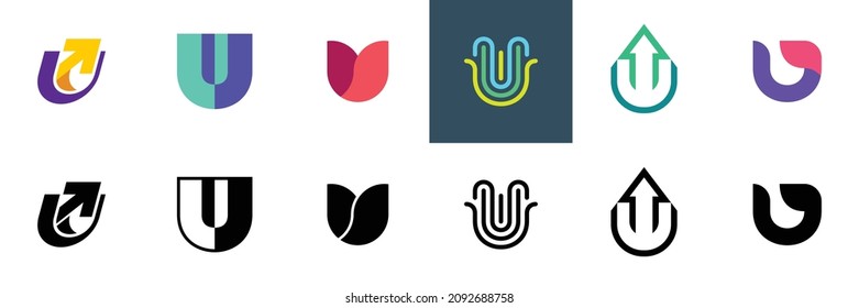 Resumen de la colección de logotipos con la letra U. Logotipos abstractos geométricos. Diseño de iconos 