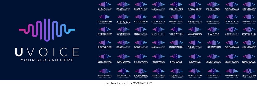 Logos abstractos combinan elementos de audio con letras de la A a la Z y números del 1 al 9. Ilustración vectorial