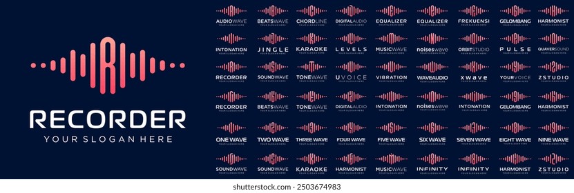 abstrakte Logos kombiniert Audioelement mit Buchstaben von A bis Z und Zahlen von 1 bis 9. Vektorgrafik