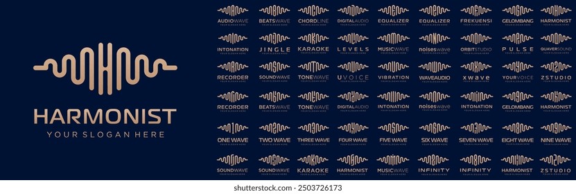 Logos abstractos combinan elementos de audio con letras de la A a la Z y números del 1 al 9. Ilustración vectorial
