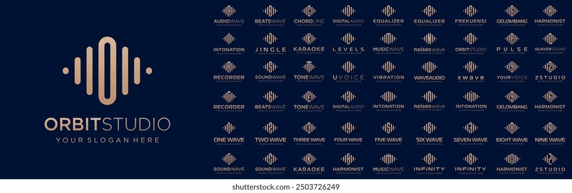 abstrakte Logos kombiniert Audioelement mit Buchstaben von A bis Z und Zahlen von 1 bis 9. Vektorgrafik