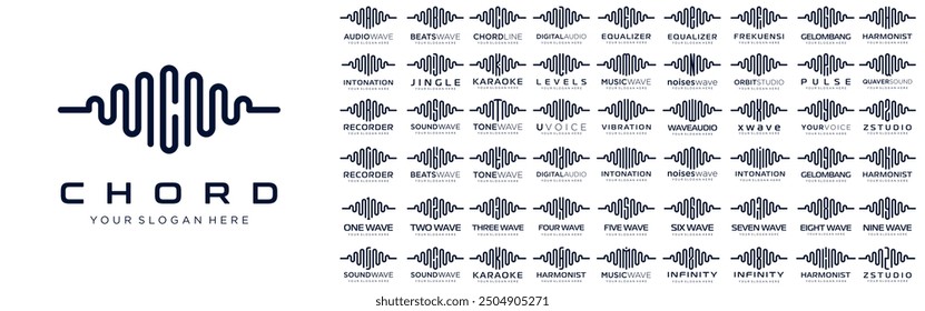 Logos abstractos combinan elementos de audio con letras de la A a la Z y números del 1 al 9. Ilustración vectorial