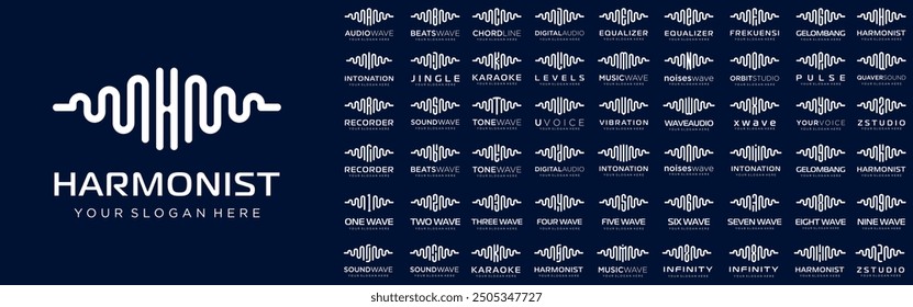 Logos abstractos combinan elementos de audio con letras de la A a la Z y números del 1 al 9. Ilustración vectorial
