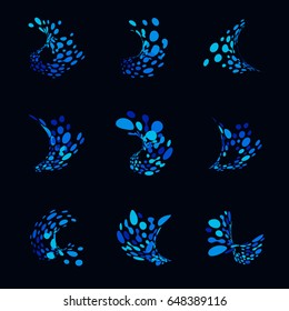 Abstract logos from dots in the form of an ocean wave. Set of blue icons from distorted dots. Liquid splash vector illustration