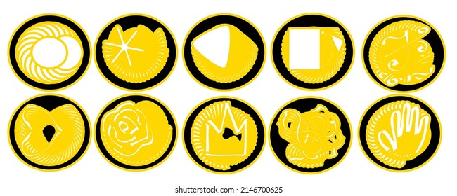 Abstract logos in gold color in assortment. Round icons for web design. Gold on black.