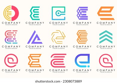 Abstract logos mega collection with letters E. Geometrical abstract logos