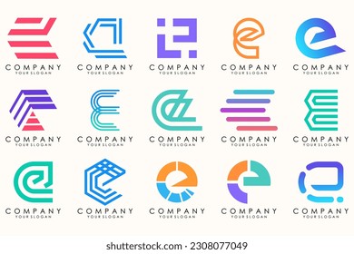 Abstract logos mega collection with letters E. Geometrical abstract logos