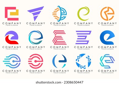 Abstract logos mega collection with letters E. Geometrical abstract logos