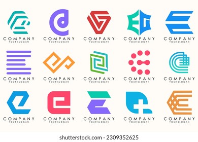 Abstract logos mega collection with letters E. Geometrical abstract logos