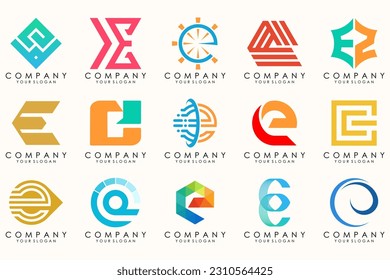 Abstract logos mega collection with letters E. Geometrical abstract logos