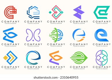 Abstract logos mega collection with letters E. Geometrical abstract logos