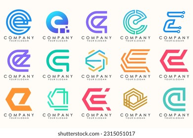 Abstract logos mega collection with letters E. Geometrical abstract logos