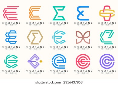 Abstract logos mega collection with letters E. Geometrical abstract logos