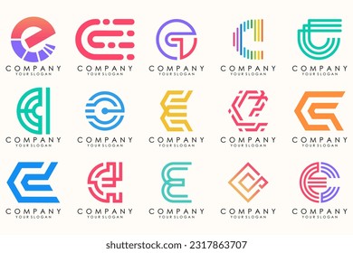 Abstract logos mega collection with letters E. Geometrical abstract logos