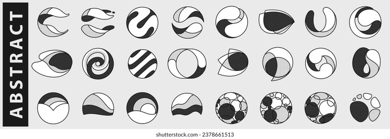 Abstract logos set. Yin and yang overlapping emblems. Optical intersection signs. Retro 3D overlay icons with halftone polka dots effect. Vector impossible shapes for vintage label, fintech startup.