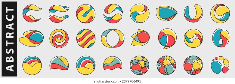 Abstract logos set. Yin and yang overlapping emblems. Optical intersection signs. Retro 3D overlay icons with color shift effect. Vector impossible shapes for vintage label, fintech startup.