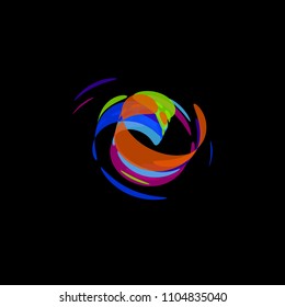 Abstract logotype, movement abstract shape, circular logo, brush icon, vector illustration on black background.