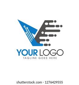 abstract logotype, V letter combination of speed and circuit board, modern design with flat colors, industrial and business logo, world technology logo and future