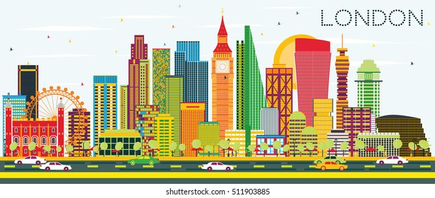 Abstract London Skyline with Color Buildings. Business Travel and Tourism Concept with Modern Buildings. Image for Presentation Banner Placard and Web Site