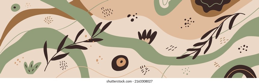 Abstract long banner with organic shapes and natural elements, with branches and bushes. Earth tones background. Template for social media, shop, blog