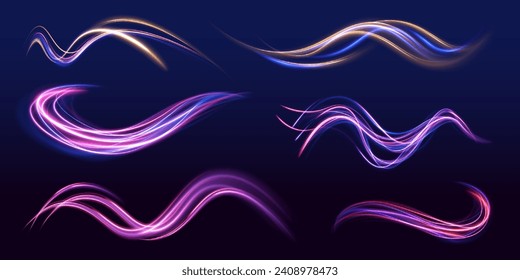 Abstract long exposure dynamic speed light trails background. Car road silhouette with light and motion effect. Sport car is made of polygons, lines and connected dots.	