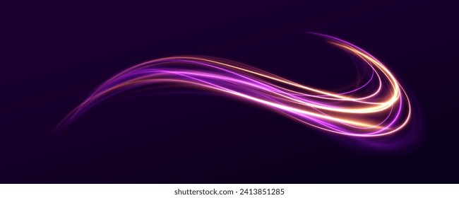 Abstract long exposure dynamic speed light trails background. Car road silhouette with light and motion effect. Sport car is made of polygons, lines and connected dots.	