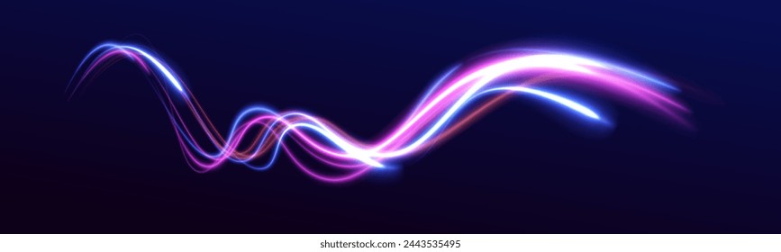 Abstract long exposure dynamic speed light trails background. Car road silhouette with light and motion effect. Sport car is made of polygons, lines and connected dots.	