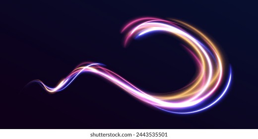 Abstract long exposure dynamic speed light trails background. Car road silhouette with light and motion effect. Sport car is made of polygons, lines and connected dots.	