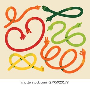 Abstract long flexible arms vector set with various hand gestures like pointing, peace sign, ok, thumbs up, and rock on for psychology concept, flexibility, communication, and diversity illustration